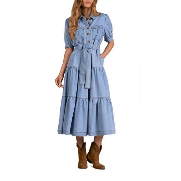 Elan Womens Cotton Denim Tiered Short Sleeve Midi  Shirt Dress Blue Small NWT - Picture 1 of 15